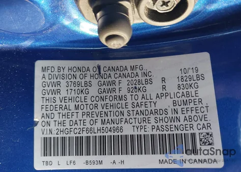 2020 Honda Civic Lx from USA, damaged, VIN 2HGFC2F66LH504966